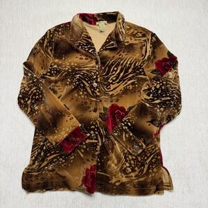 Vintage Islander Velvet Button Up Blouse Womens Large Brown Rose Animal Print